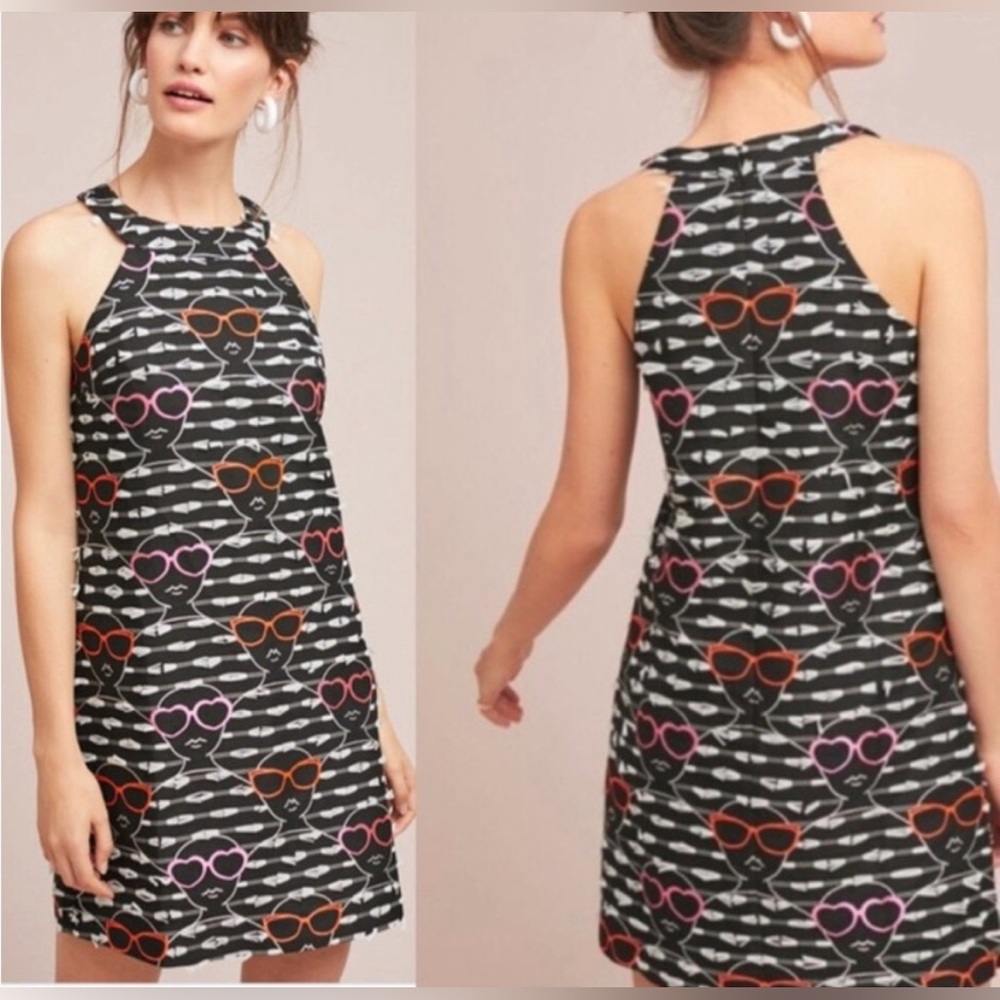 HUTCH x Anthropologie $225 Glasses Fringe Shift Dress Mod Kitsch Go-Go Sz S